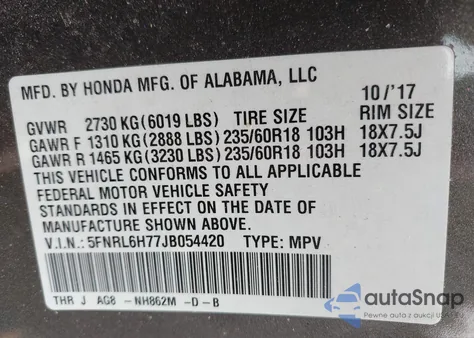 2018 Honda Odyssey Ex-L z USA, uszkodzony, nr VIN 5FNRL6H77JB054420